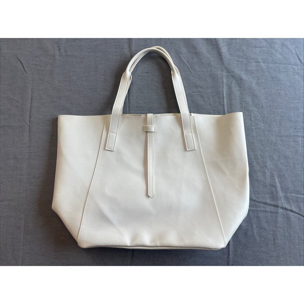 Saks Fifth Avenue Large Beige Cream Faux‎ Leather Tote Shoulder Bag